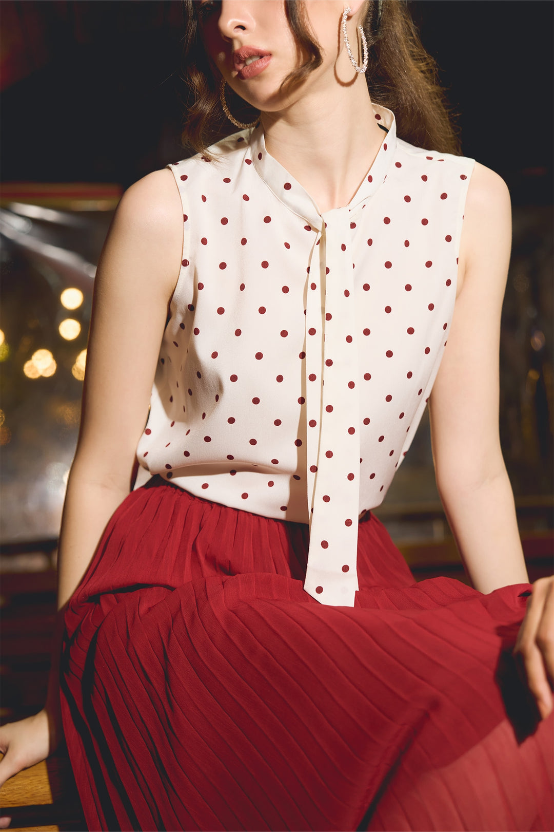 Polka Tie Up Sleeveless Blouse