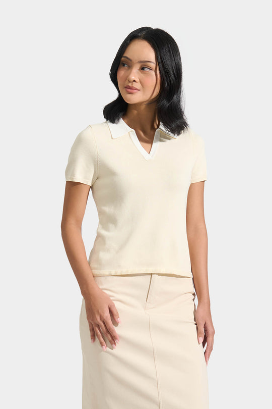 Flat Knit Contrast Collar Polo