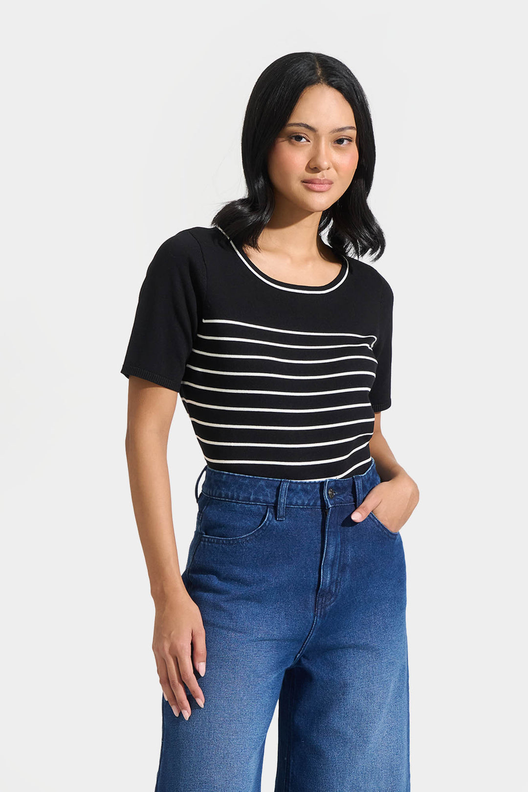 Stripes Flat Knit Tee with Contrast Tipping