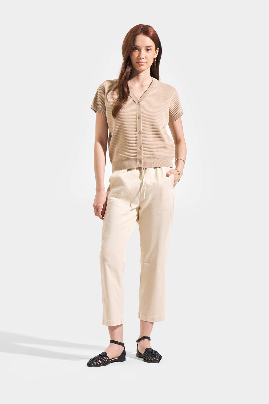 Textured Flat Knit Button Down Top