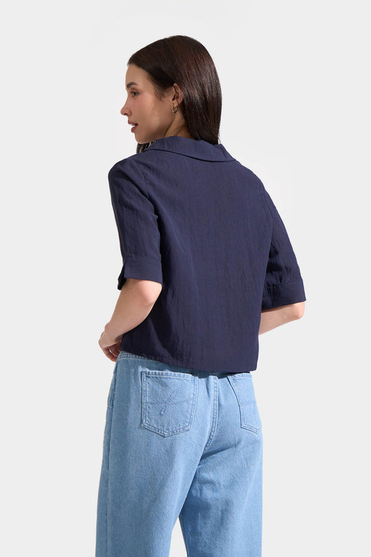 Elbow Sleeved Shirt with Pleating Detail