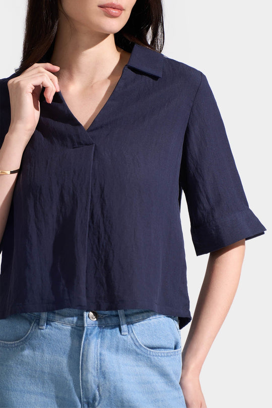 Elbow Sleeved Shirt with Pleating Detail